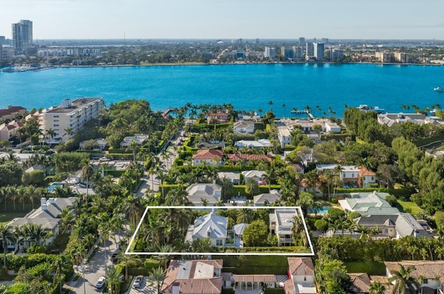 drone / aerial view featuring a water view