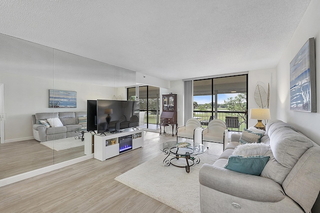 living room with a textured ceiling and light wood-type flooring