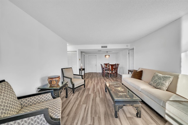 living room featuring hardwood / wood-style flooring and a textured ceiling