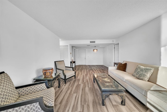 living room with light hardwood / wood-style floors and a textured ceiling