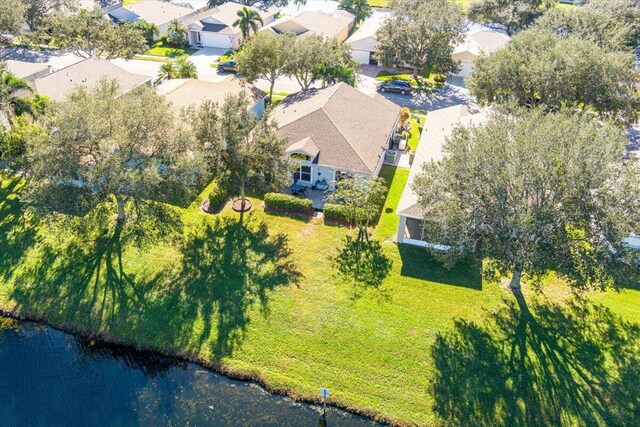 drone / aerial view featuring a water view