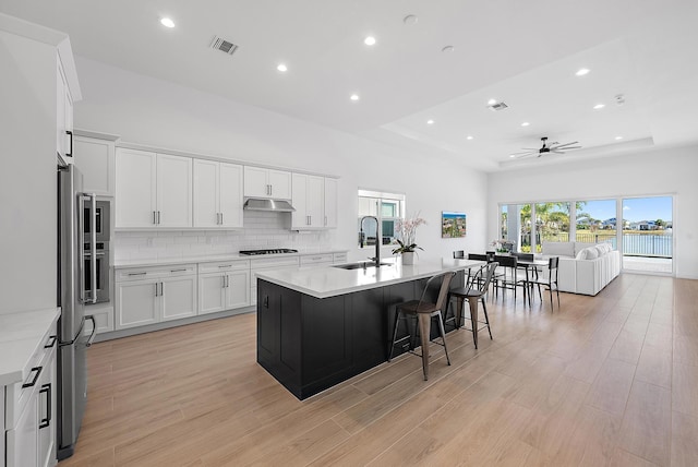 kitchen with ceiling fan, appliances with stainless steel finishes, sink, white cabinetry, and a center island with sink