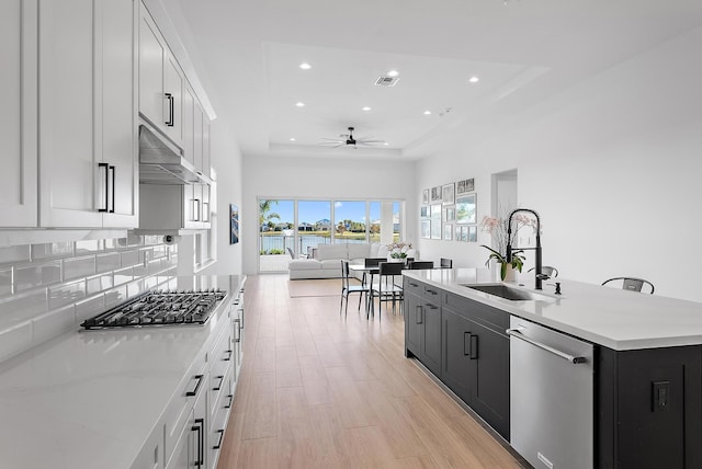 kitchen with white cabinetry, a kitchen island with sink, a tray ceiling, and appliances with stainless steel finishes