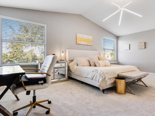 bedroom with lofted ceiling, an inviting chandelier, a textured ceiling, light colored carpet, and a crib