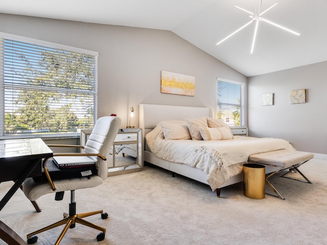 carpeted bedroom featuring vaulted ceiling