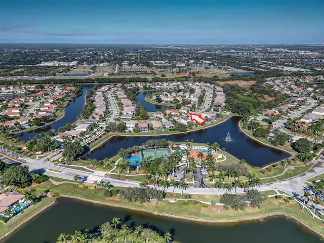 drone / aerial view featuring a water view