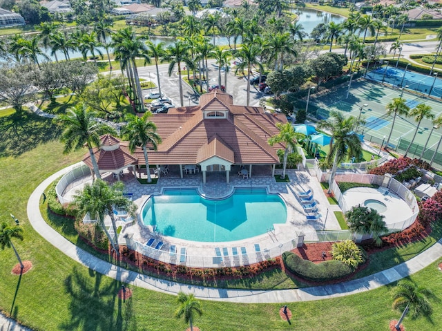 drone / aerial view with a water view