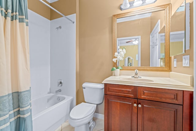 full bathroom featuring ceiling fan, tile patterned flooring, toilet, shower / tub combo with curtain, and vanity