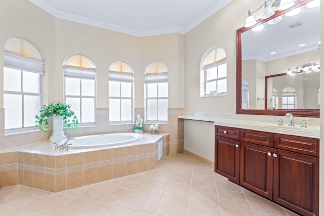 bathroom with tile patterned flooring, vanity, ornamental molding, and tiled tub