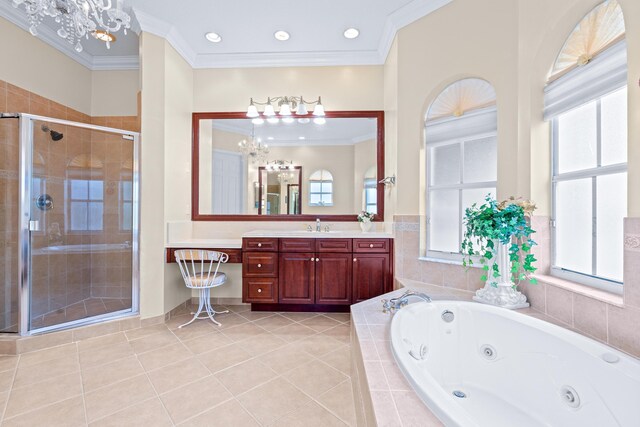 bathroom featuring vanity, a healthy amount of sunlight, and ornamental molding