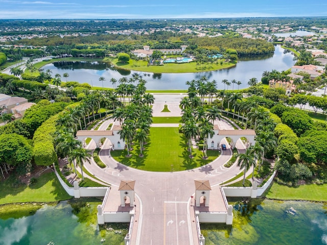 aerial view featuring a water view