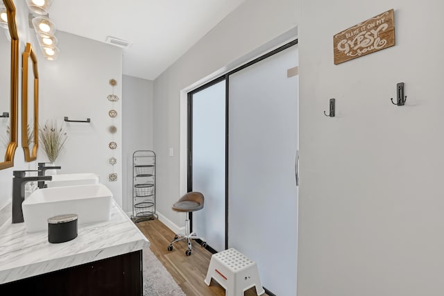 bathroom with hardwood / wood-style floors and vanity