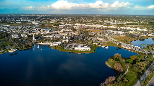 aerial view featuring a water view