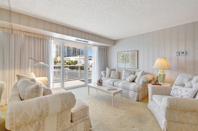 carpeted living room featuring a textured ceiling