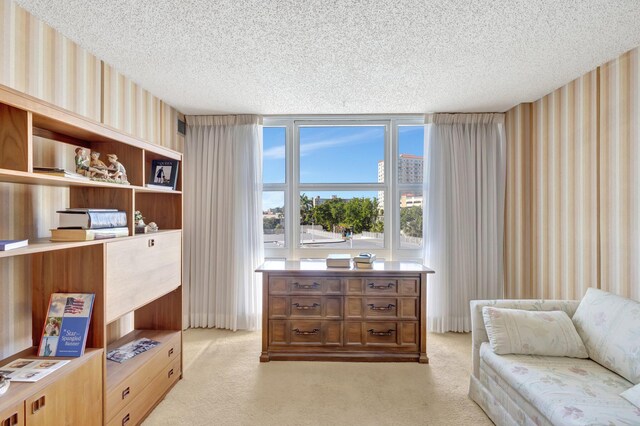 living area with light carpet and a textured ceiling