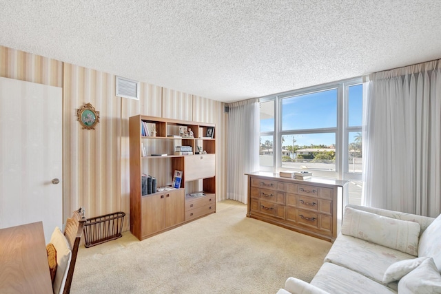 living room featuring light carpet and a textured ceiling