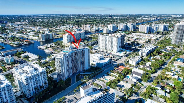 bird's eye view with a water view