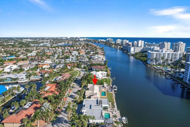 bird's eye view with a water view