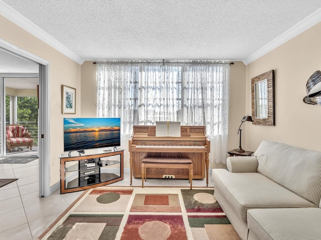 tiled living room with ornamental molding and a textured ceiling