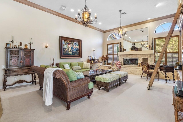 carpeted living room featuring ornamental molding