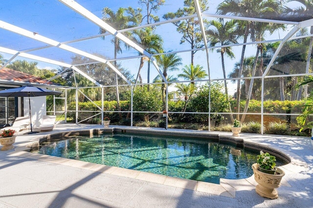 view of pool featuring glass enclosure and a patio area