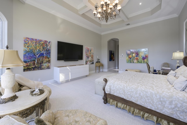 bedroom with carpet, coffered ceiling, crown molding, beamed ceiling, and a chandelier