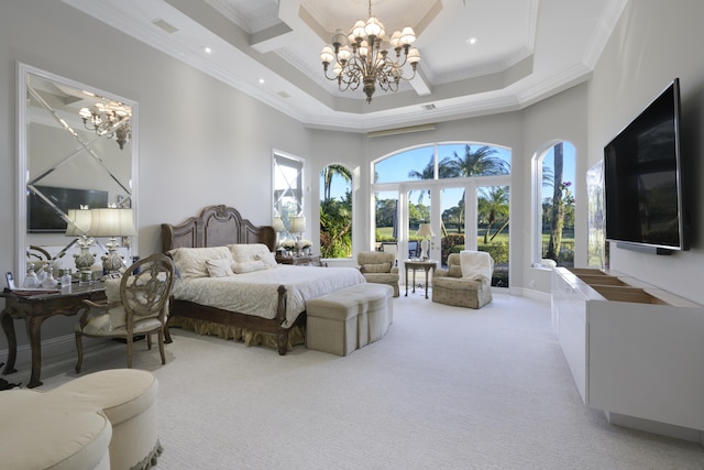 bedroom featuring light carpet, crown molding, a towering ceiling, and an inviting chandelier