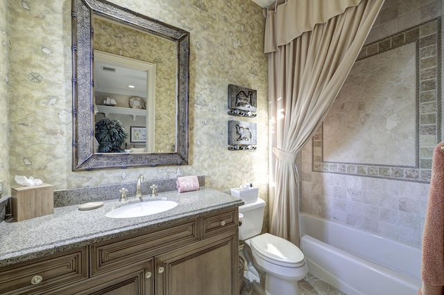 full bathroom with shower / tub combo with curtain, vanity, ornamental molding, and toilet