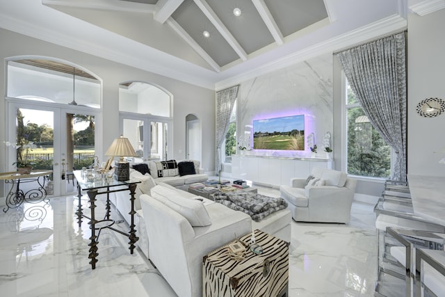 living room with crown molding, french doors, beamed ceiling, and high vaulted ceiling