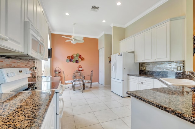 kitchen featuring white cabinetry, white appliances, sink, and ornamental molding