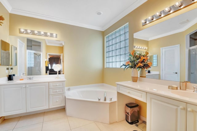 bathroom with plus walk in shower, vanity, tile patterned floors, and ornamental molding