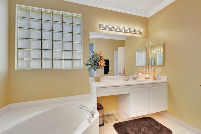 bathroom featuring a tub to relax in, crown molding, tile patterned floors, and vanity