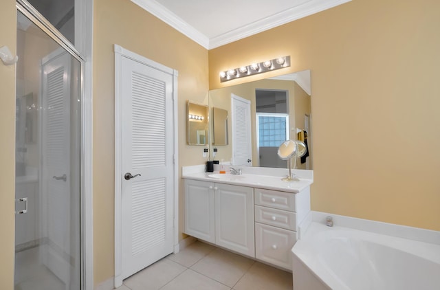 bathroom featuring tile patterned flooring, vanity, plus walk in shower, and crown molding