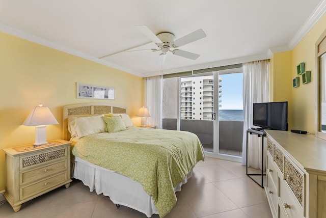 bedroom featuring light tile patterned floors, access to outside, ceiling fan, and crown molding