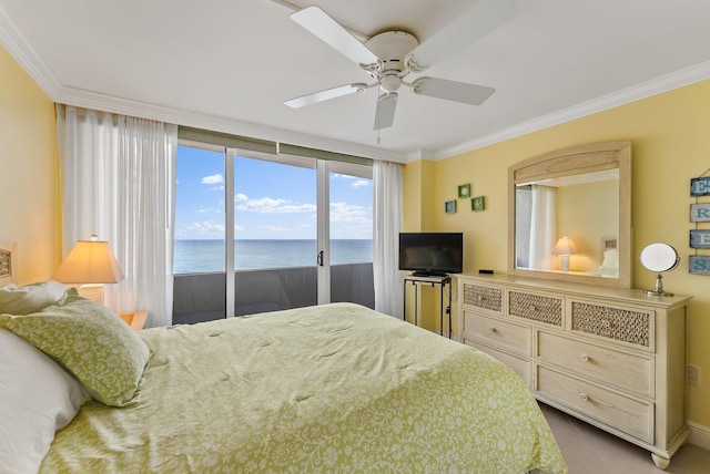 bedroom with access to exterior, ceiling fan, and crown molding