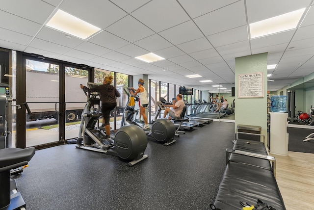 exercise room featuring a paneled ceiling and floor to ceiling windows