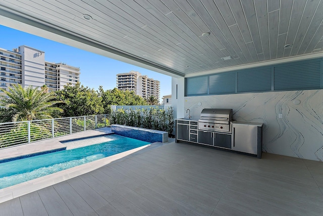 view of swimming pool with an outdoor kitchen and a grill