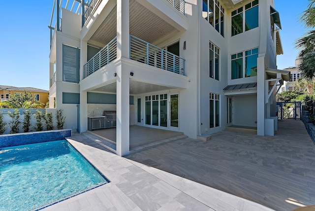 view of swimming pool with a patio area and exterior kitchen