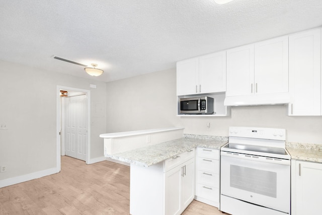 kitchen with white cabinets, white electric range oven, light wood-type flooring, and kitchen peninsula