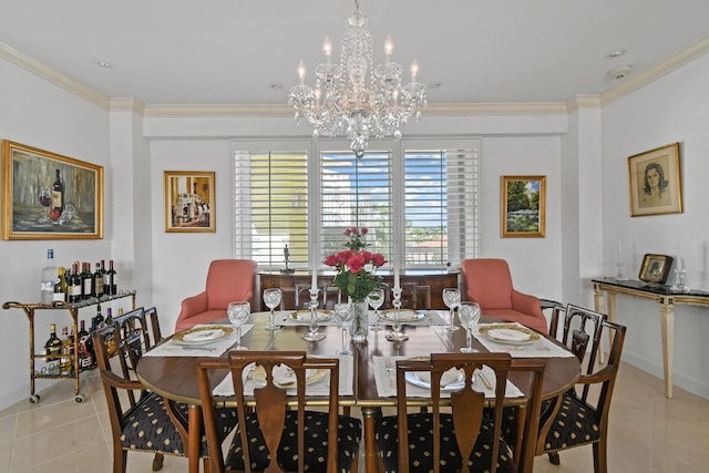 tiled dining space featuring crown molding and an inviting chandelier