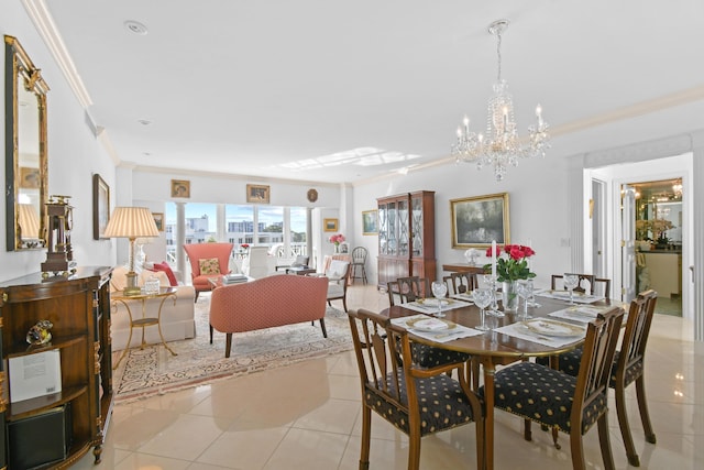 tiled dining space with ornamental molding and a chandelier