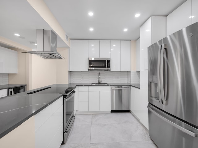 kitchen with white cabinetry, sink, stainless steel appliances, backsplash, and island exhaust hood