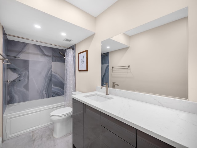 full bathroom with toilet, vanity, shower / tub combo with curtain, and tile patterned flooring