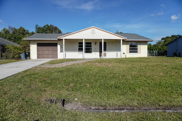 single story home featuring a front yard, a porch, and a garage