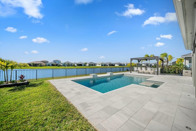 view of pool featuring a patio, a lawn, exterior bar, a pergola, and a water view