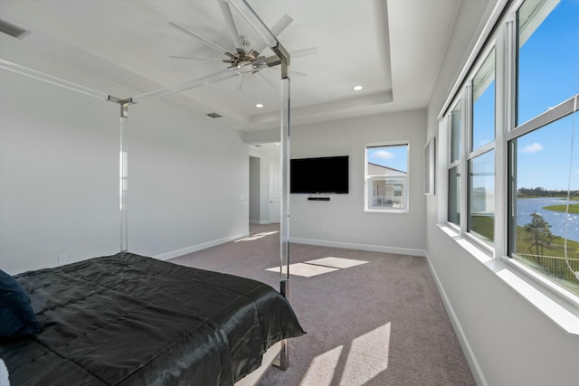 carpeted bedroom with a raised ceiling