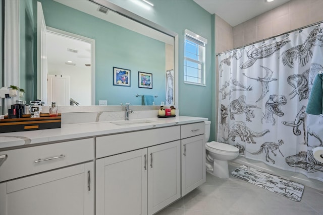 bathroom with tile patterned flooring, vanity, and toilet