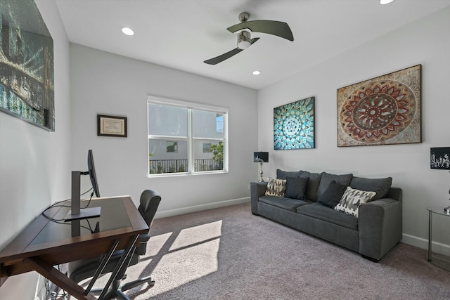 home office featuring ceiling fan and carpet flooring