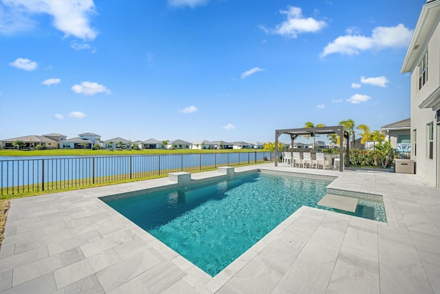 view of swimming pool featuring a patio, a water view, and a pergola