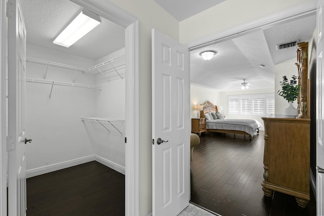 walk in closet with dark hardwood / wood-style flooring and ceiling fan